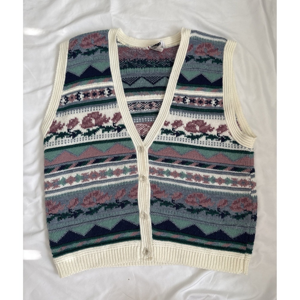 Vtg Cricket Lane Fair Isle Button Sweater Vest Medium Grandma U.S.A.